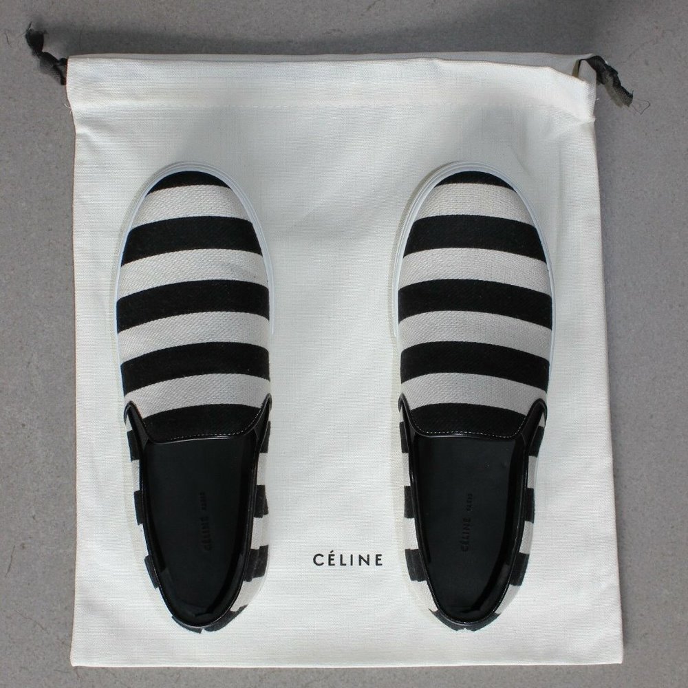 CELINE Paris Black White Striped Canvas Skate Slip